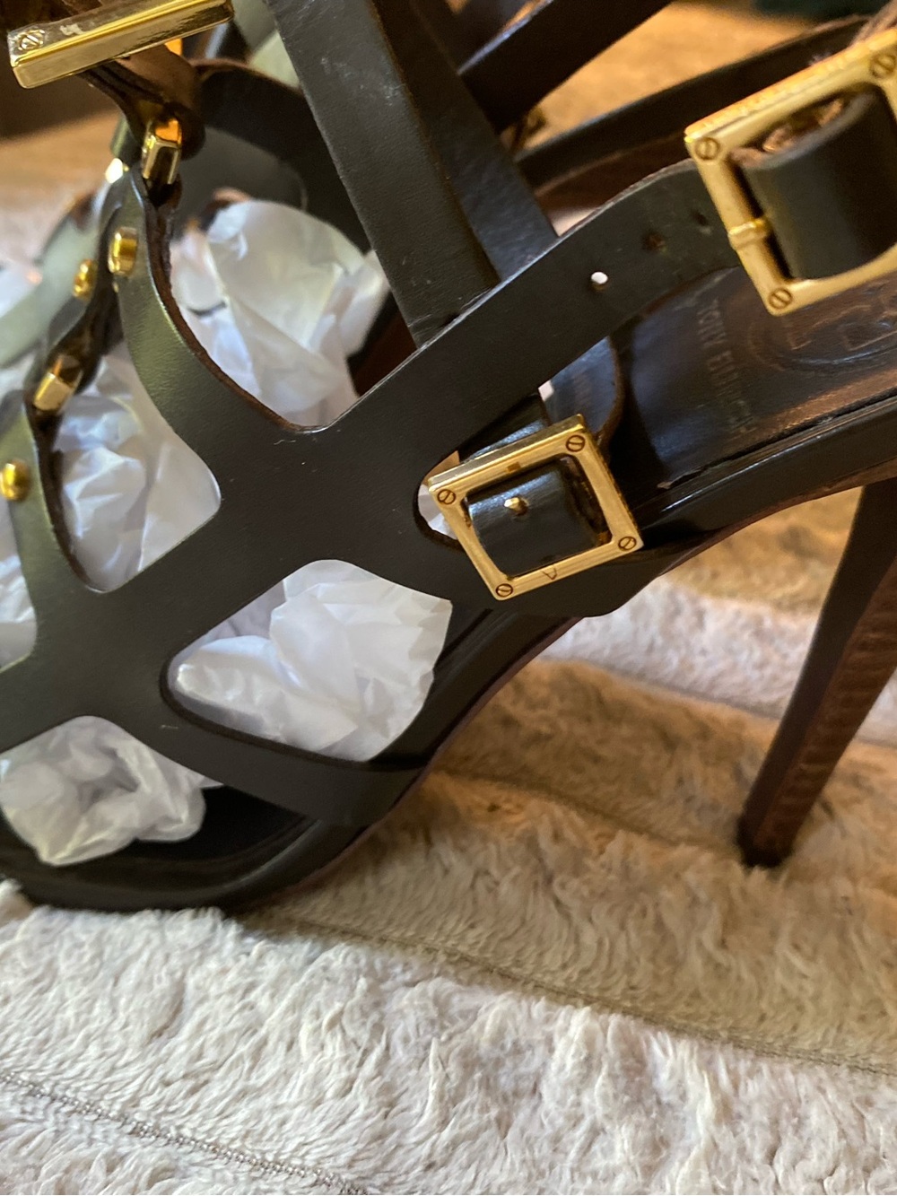 Tory Burch Black Leather Strappy Heels with Gold Hardware - Picture 5 of 6